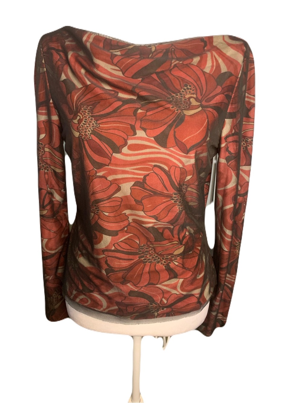 Vintage Y2K 90s-00s Lillie Rubin Red Black Floral Sheer Mesh Nylon Bodycon Top